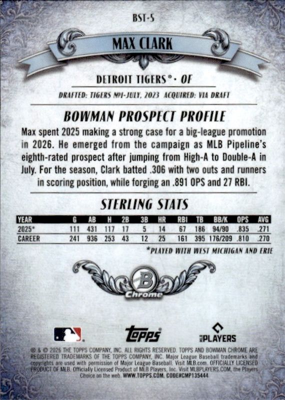 Topps 2026 Bowman Sterling Chrome Max Clark #BST-5 Detroit Tigers Baseball