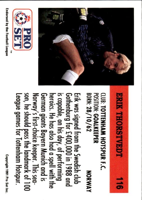 1991-92 Pro Set EPL #116 Erik Thorstvedt Tottenham Hotspur FC soccer card