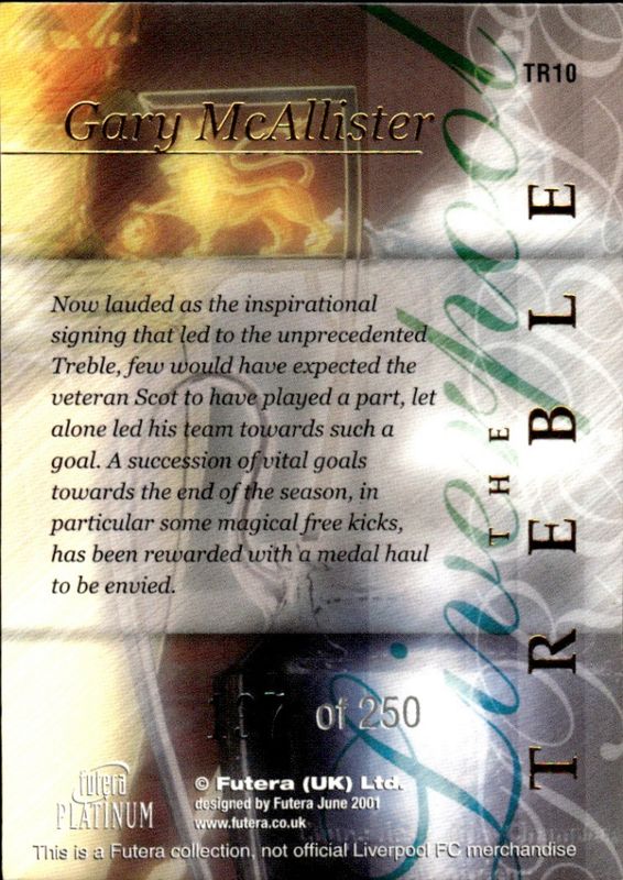 2000-01 Futera Platinum The Treble Liverpool #137/250 Gary McAllister #TR10