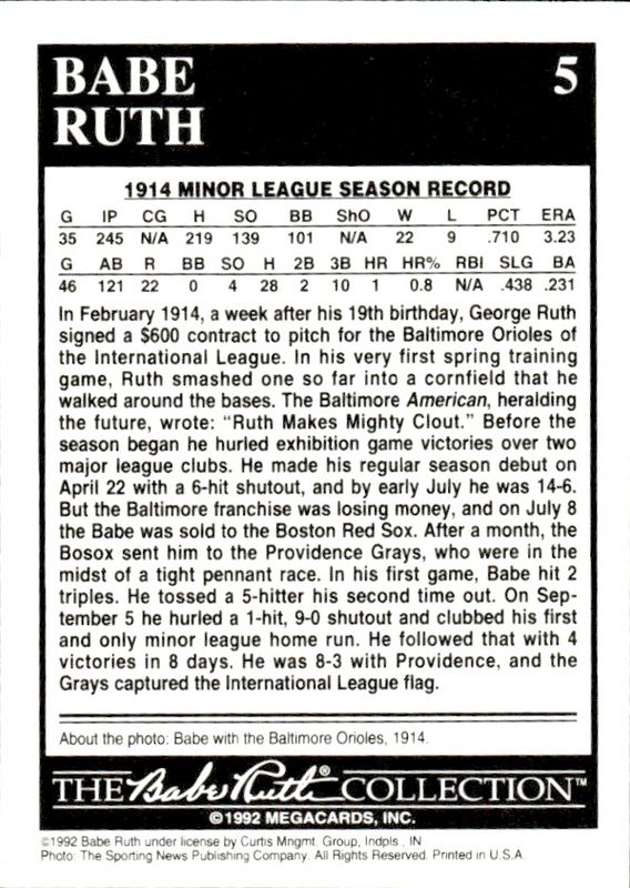 1992 Megacards Babe Ruth #5
