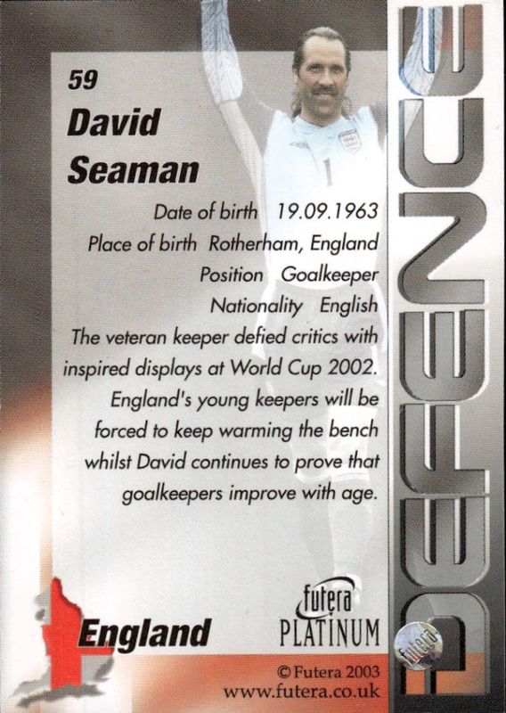 FUTERA 2003 CARD #59 DAVID SEAMAN ENGLAND