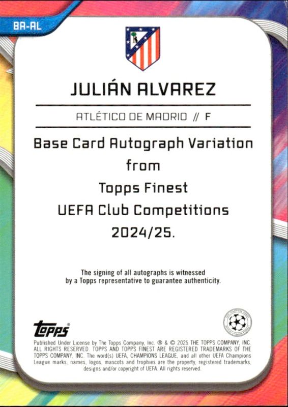 Julian Alvarez #BA-AL Topps Finest 2024/2025 UCL Black Refractor Auto 06/10