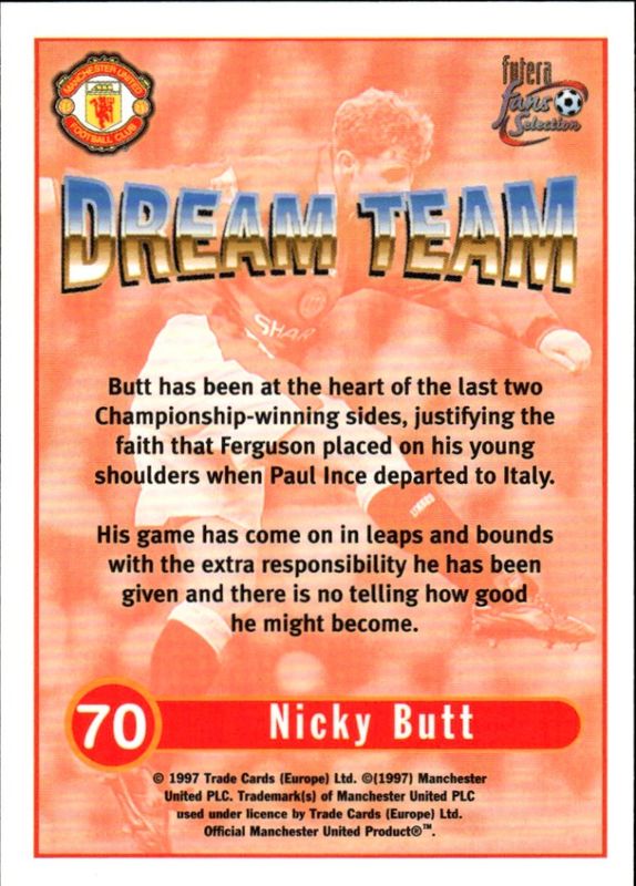 1997 Futera Fans Selection Manchester United Dream Team NICKY BUTT  #70